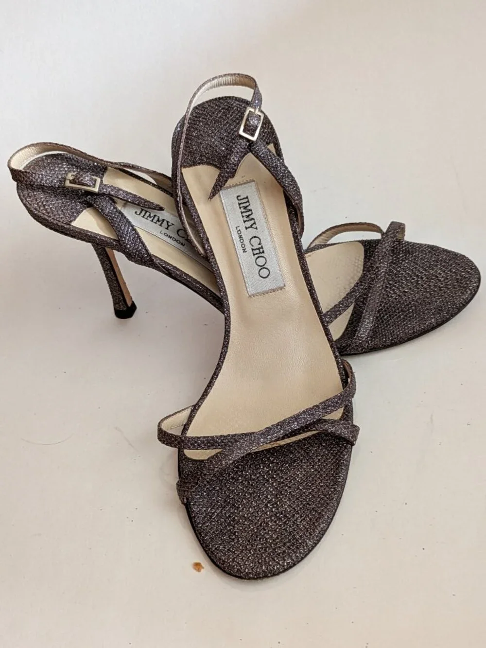 JIMMY CHOO SANDALS / brown embossed subtle sparkle fabric, thin strap  / size 39